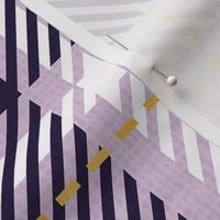 Normal scale // Reworked tartan cloth // lavender background dark purple white and golden textured criss-crossed vertical and horizontal stripes