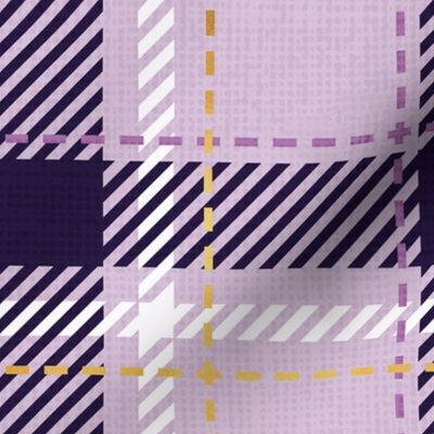 Normal scale // Reworked tartan cloth // lavender background dark purple white and golden textured criss-crossed vertical and horizontal stripes