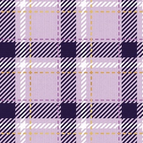 Normal scale // Reworked tartan cloth // lavender background dark purple white and golden textured criss-crossed vertical and horizontal stripes