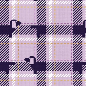 Normal scale // Ta ta tartan doxie reworked tartan // lavender background dark purple dachshund dog white and golden textured criss-crossed vertical and horizontal stripes