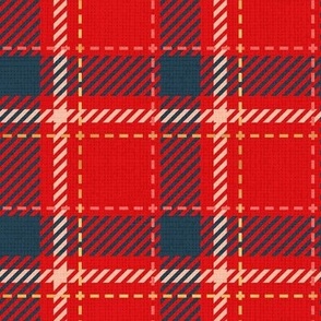 Small scale // Reworked tartan cloth // vivid red background nile blue flesh coral and golden textured criss-crossed vertical and horizontal stripes