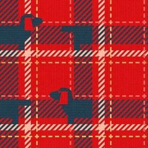 Small scale // Ta ta tartan doxie reworked tartan // vivid red background nile blue dachshund dog nile blue flesh coral and golden textured criss-crossed vertical and horizontal stripes
