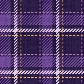 Small scale // Reworked tartan cloth // dark purple background lavender and golden textured criss-crossed vertical and horizontal stripes