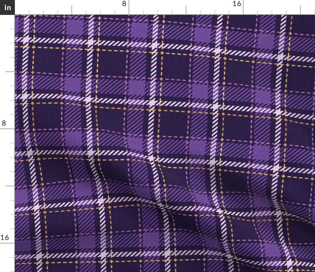 Small scale // Reworked tartan cloth // dark purple background lavender and golden textured criss-crossed vertical and horizontal stripes