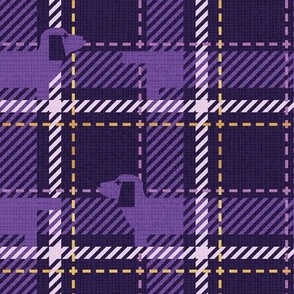 Small scale // Ta ta tartan doxie reworked tartan // dark purple background dark lavender dachshund dog lavender and golden textured criss-crossed vertical and horizontal stripes