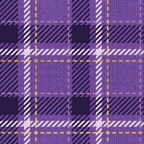 Small scale // Reworked tartan cloth // dark lavender background darl purple and golden textured criss-crossed vertical and horizontal stripes