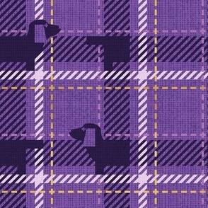 Small scale // Ta ta tartan doxie reworked tartan // dark lavender background dark purple dachshund dog lavender and golden textured criss-crossed vertical and horizontal stripes