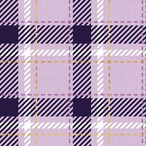 Small scale // Reworked tartan cloth // lavender background dark purple white and golden textured criss-crossed vertical and horizontal stripes