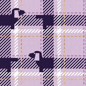 Small scale // Ta ta tartan doxie reworked tartan // lavender background dark purple dachshund dog white and golden textured criss-crossed vertical and horizontal stripes