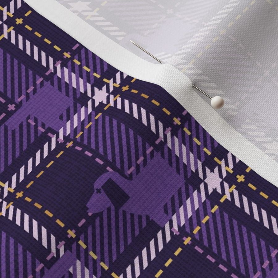 Tiny scale // Ta ta tartan doxie reworked tartan // dark purple background dark lavender dachshund dog avender and golden textured criss-crossed vertical and horizontal stripes