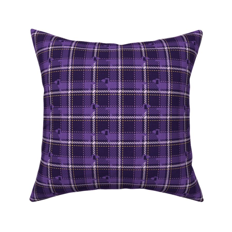 Tiny scale // Ta ta tartan doxie reworked tartan // dark purple background dark lavender dachshund dog avender and golden textured criss-crossed vertical and horizontal stripes