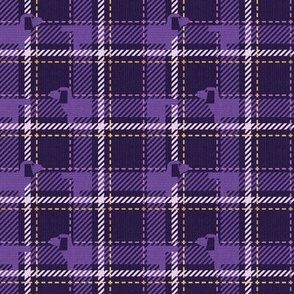 Tiny scale // Ta ta tartan doxie reworked tartan // dark purple background dark lavender dachshund dog avender and golden textured criss-crossed vertical and horizontal stripes