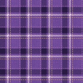 Tiny scale // Reworked tartan cloth // dark lavender background darl purple and golden textured criss-crossed vertical and horizontal stripes