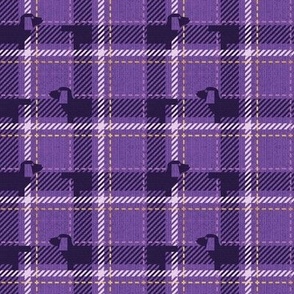 Tiny scale // Ta ta tartan doxie reworked tartan // dark lavender background dark purple dachshund dog lavender and golden textured criss-crossed vertical and horizontal stripes