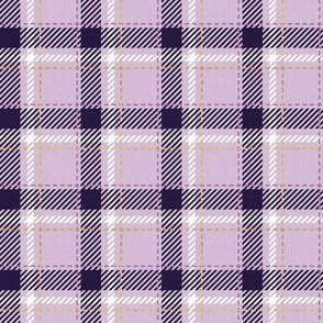 Tiny scale // Reworked tartan cloth // lavender background dark purple white and golden textured criss-crossed vertical and horizontal stripes