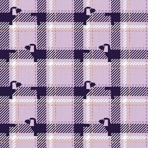 Tiny scale // Ta ta tartan doxie reworked tartan // lavender background dark purple dachshund dog white and golden textured criss-crossed vertical and horizontal stripes