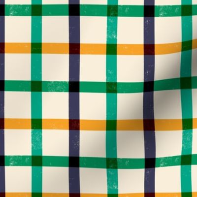 Small scale / Lemon plaid checks / colorful mustard yellow bright green dark navy blue textured stripes checkered vintage summer blender retro gingham on warm cream beige