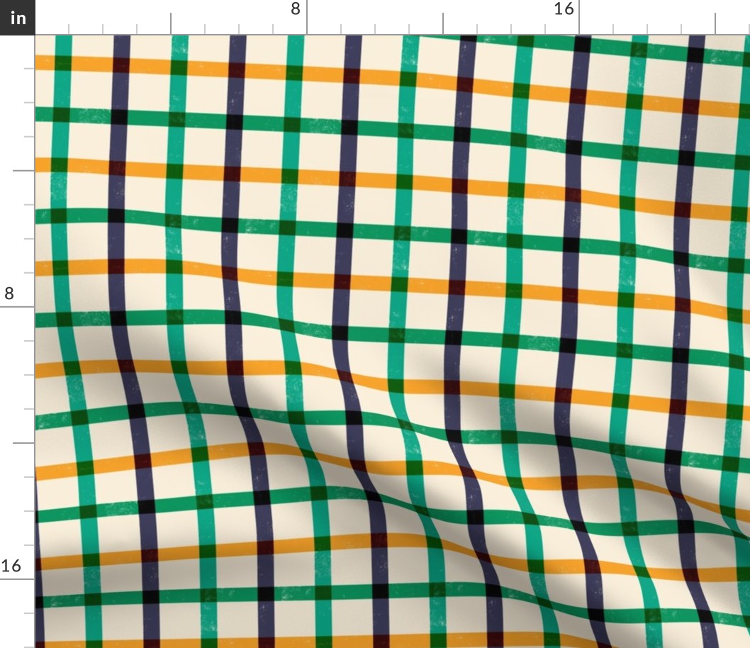 Small scale / Lemon plaid checks / colorful mustard yellow bright green dark navy blue textured stripes checkered vintage summer blender retro gingham on warm cream beige