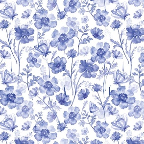 14" Blue and white cute hand painted summer wildflower chinoiserie meadow  - home decor,    Baby Girl and nursery fabric perfect for kidsroom wallpaper, kids room, kids home decor