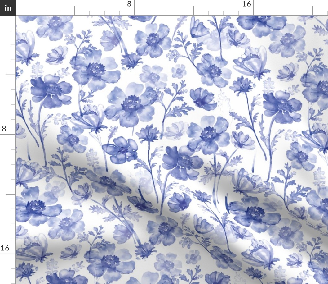 14" Blue and white cute hand painted summer wildflower chinoiserie meadow  - home decor,    Baby Girl and nursery fabric perfect for kidsroom wallpaper, kids room, kids home decor