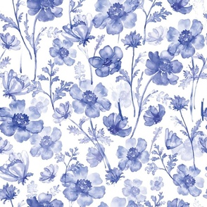 18" Blue and white cute hand painted summer wildflower chinoiserie meadow 1 - home decor,  Baby Girl and nursery fabric perfect for kidsroom wallpaper, kids room, kids home decor