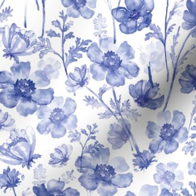 10" Blue and white cute hand painted summer wildflower chinoiserie meadow  - home decor,    Baby Girl and nursery fabric perfect for kidsroom wallpaper, kids room, kids home decor