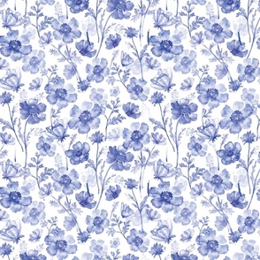 10" Blue and white cute hand painted summer wildflower chinoiserie meadow  - home decor,    Baby Girl and nursery fabric perfect for kidsroom wallpaper, kids room, kids home decor