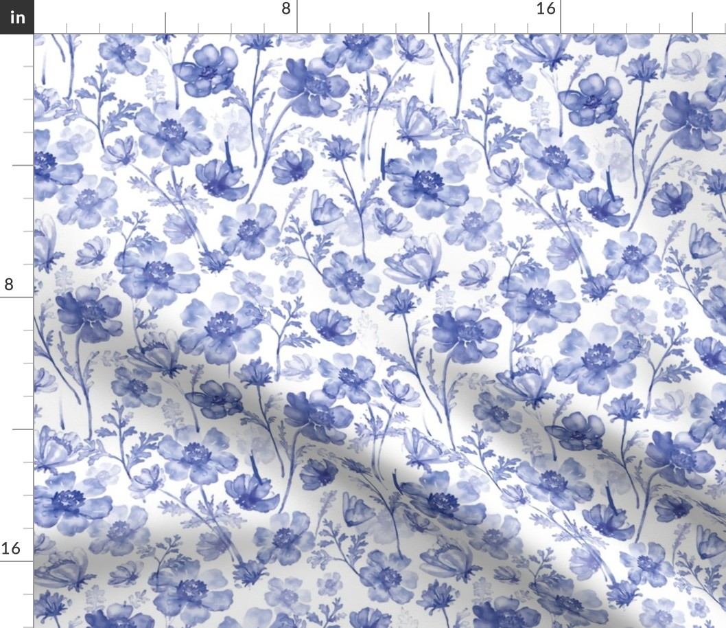 10" Blue and white cute hand painted summer wildflower chinoiserie meadow  - home decor,    Baby Girl and nursery fabric perfect for kidsroom wallpaper, kids room, kids home decor