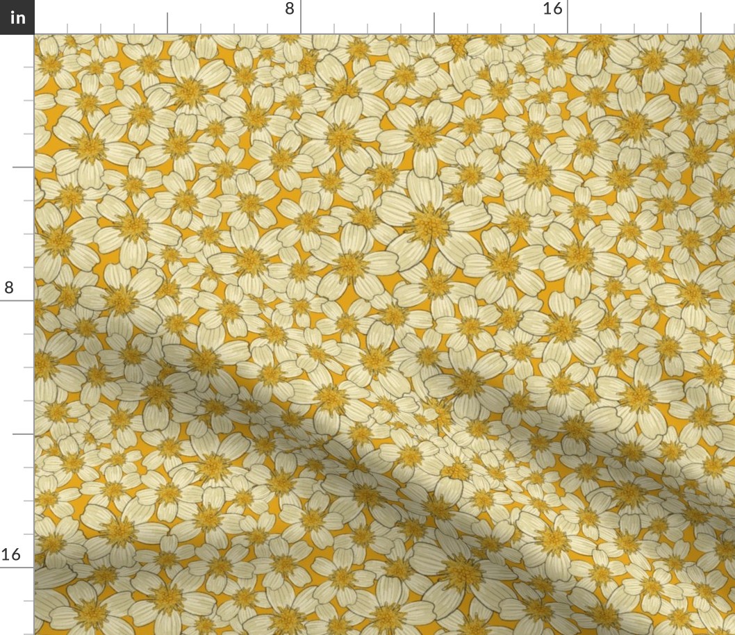 Field of beige ditsy Daisies - yellow background