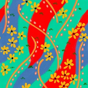 Painterly wavy watermelon  lines and flowers abstract in bright cyan, bright red, blue, yellow and coral 12” repeat 