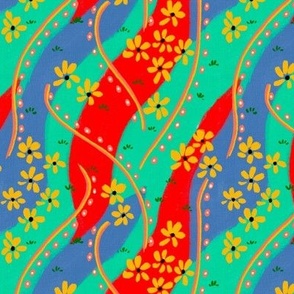 Painterly wavy watermelon  lines and flowers abstract in bright cyan, bright red, blue, yellow and coral 6” repeat 