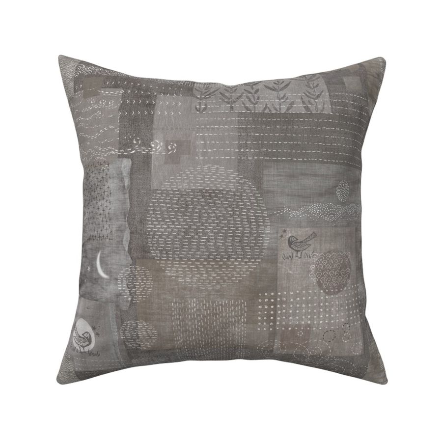 Sashiko Taupe Natural Linen (xl scale) | Japanese stitch patterns on a mocha brown linen texture, patchwork, boro cloth, visible mending, kantha quilt in brown and white.