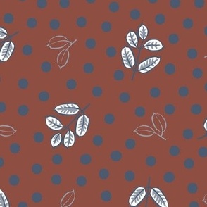 Blue leaves and dots on red brown