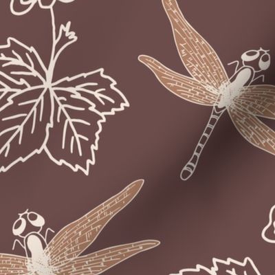 white (jumbo) Dragonfly and swamp flower on marsala brown for nursery