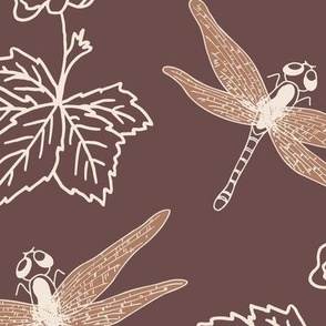 white (jumbo) Dragonfly and swamp flower on marsala brown for nursery