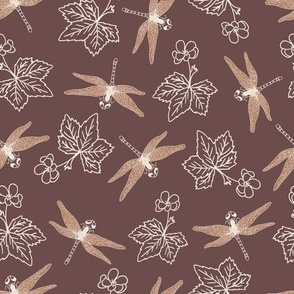 white (mid) Dragonfly and swamp flower on marsala brown for nursery