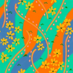 Painterly wavy watermelon  lines and flowers abstract in bright cyan, denim blue, bright orange, coral red 12” repeat 