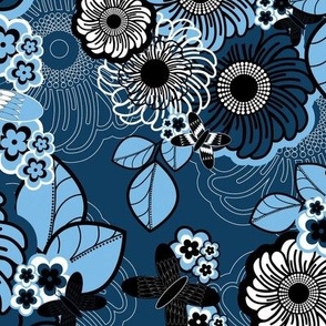 12” 70s Florals and Butterflies  on  Indigo  Blue 