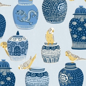 budgies and ginger jars/blue with yellow and brown