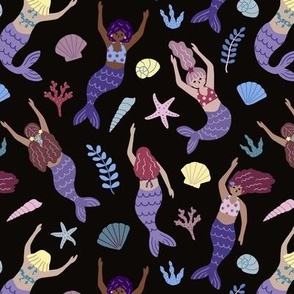 Swimming mermaids and shells - purple on dark background