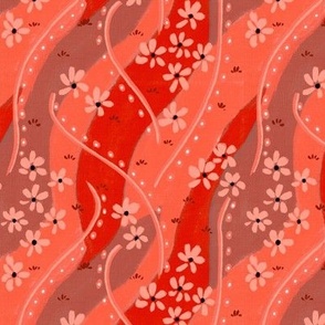 Painterly wavy watermelon  lines and flowers abstract in bright red and coral  hues  6”  repeat 