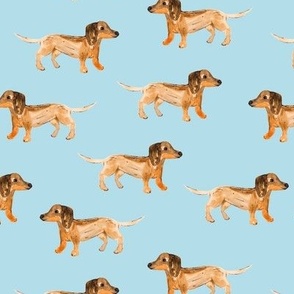 Watercolor painted dachshund puppies - cute sausage dogs minimalist kids design caramel on baby blue