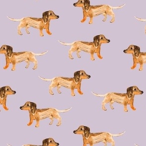 Watercolor painted dachshund puppies - cute sausage dogs minimalist kids design caramel on mauve lilac purple