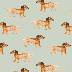 Watercolor painted dachshund puppies - cute sausage dogs minimalist kids design caramel on soft sage