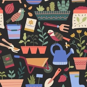 Gardening tools, growing plants and cute birds - dark-background - small scale 8" repeat