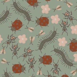 Lil' Bugs On Green, Hand Painted Floral and Bugs, Flower and Bugs, Insects Wallpaper, Floral Wallpaper, Botanical Insect, Ladybugs and Ants, Pink Flowers, Whimsical and Playful, Nature Themed