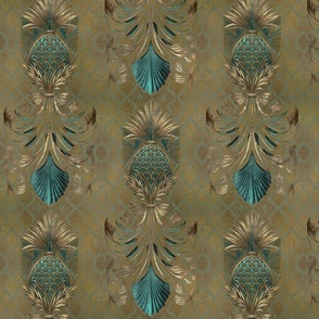 Faded Luxury Gold Teal Art Deco Pineapple Pattern Damask Smaller Scale