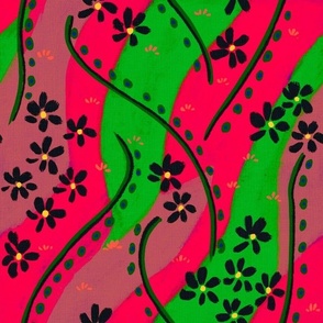 Painterly wavy watermelon  lines and flowers abstract in bright scarlet red, bright green and plum with black flowers   12” repeat 
