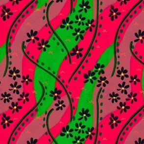 Painterly wavy watermelon  lines and flowers abstract in bright scarlet red, bright green and plum with black flowers  6”repeat 