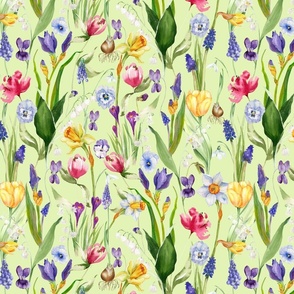 14"   A beautiful springflower garden with daffodils, tulips, violets, pansies, bulbs and Iris on white background- nostalgic Wildflowers and Herbs home decor on white double layer,   Baby Girl and nursery fabric perfect for kidsroom wallpaper, kids ro